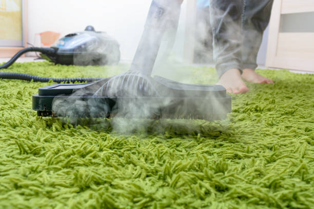 woman cleans a green carpet with a steam cleaning.