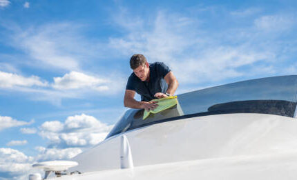 Man maintaining yacht in condition. Cleaning and polishing front shield.