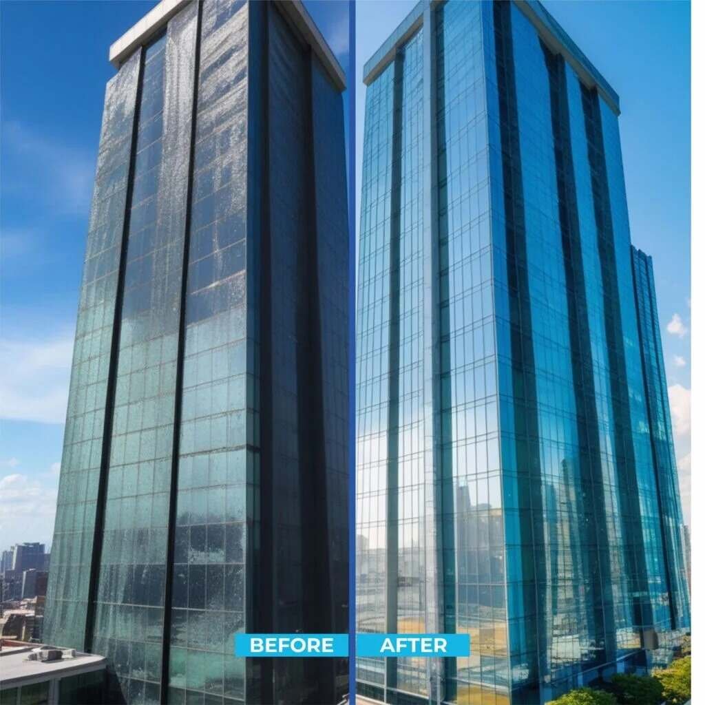 High-rise commercial building before and after professional window cleaning by Westlink Commercial Cleaning Services in Sydney
