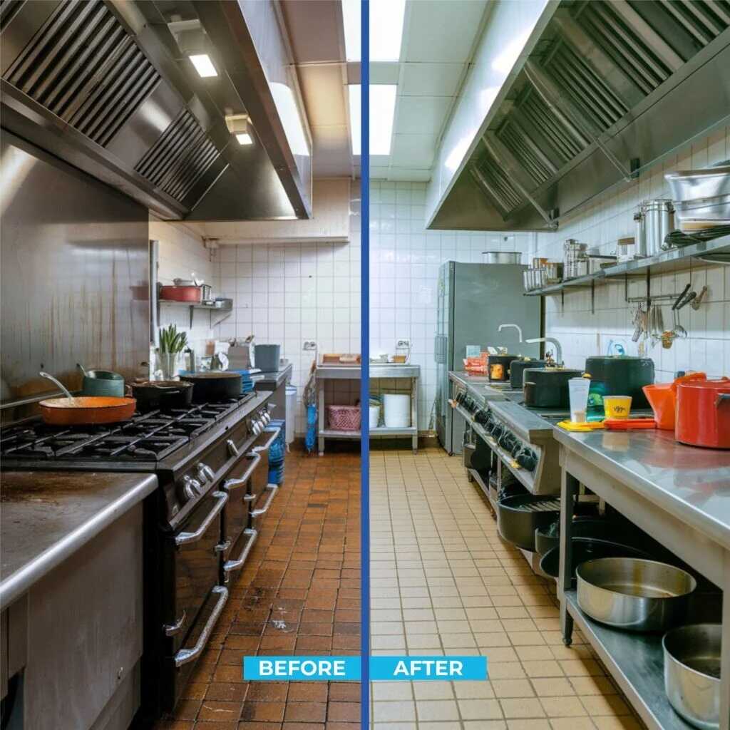 Commercial kitchen before and after professional deep cleaning by Westlink Commercial Cleaning Services in Sydney
