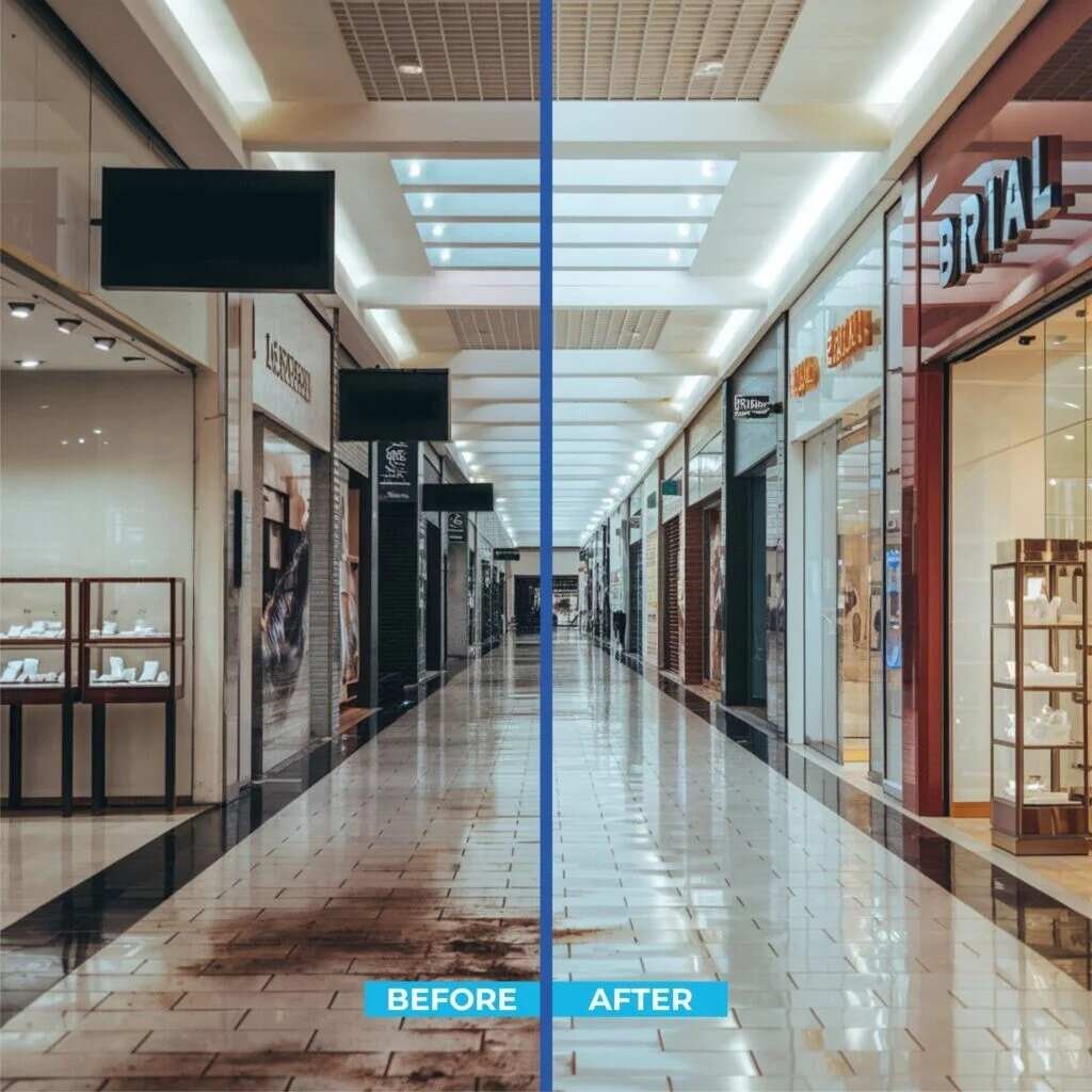 Commercial floor before and after professional deep cleaning in a Sydney restaurant by Westlink Commercial Cleaning Services