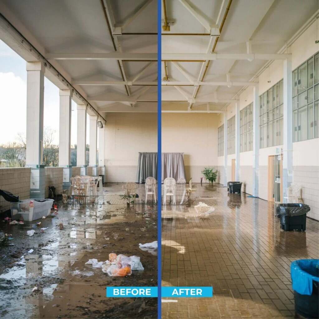 Before and after commercial event cleaning in Greenacre hall with spotless floors.