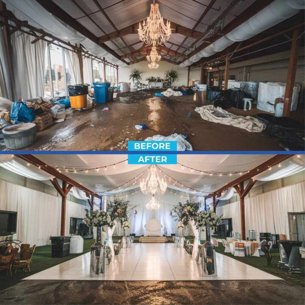 Before and after professional wedding event cleaning in Greenacre with spotless setup.