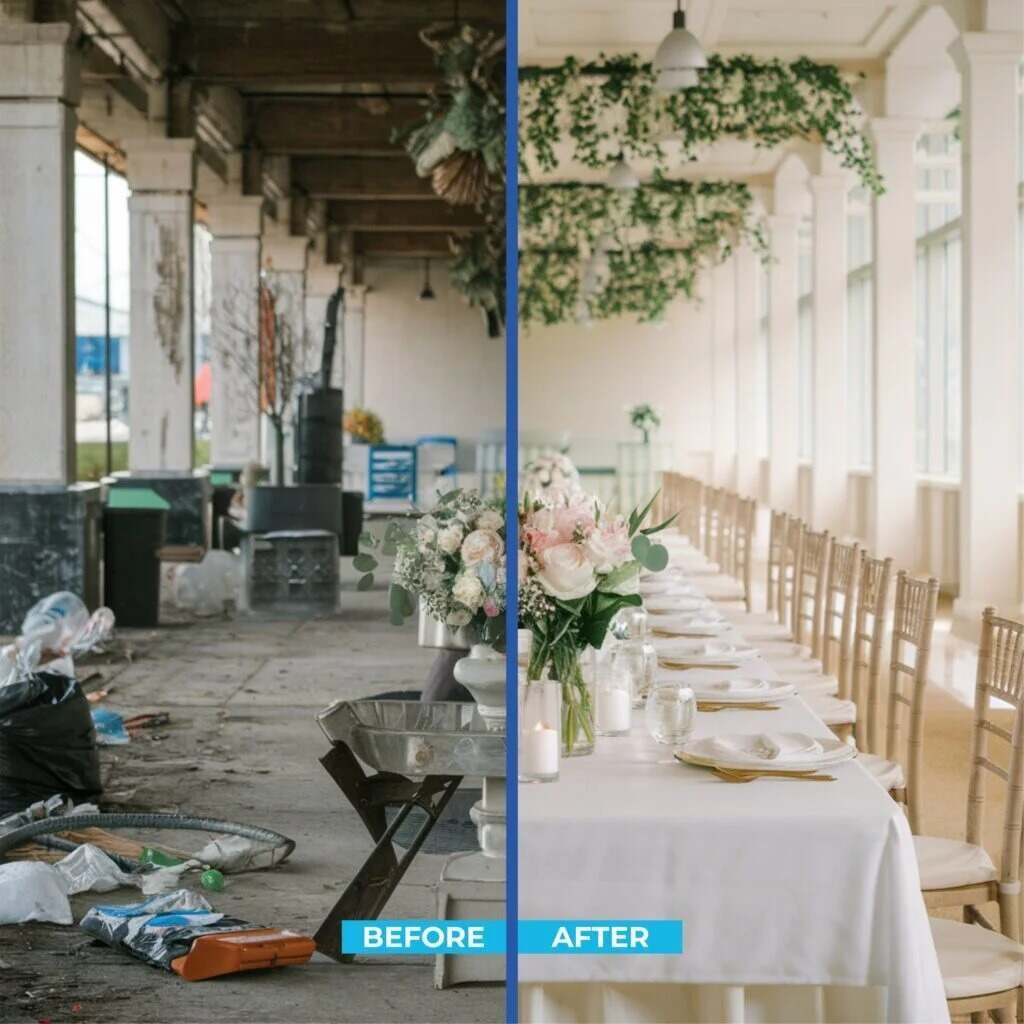 Before and after banquet hall cleaning in Greenacre with spotless dining setup.