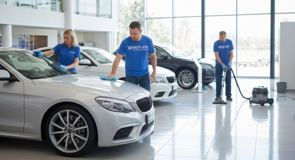 Professional cleaners polishing luxury cars and showroom floors for a spotless presentation.