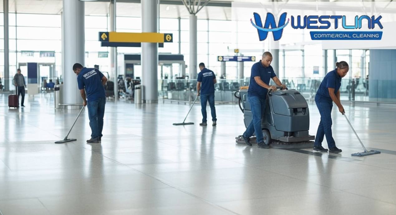 Professional cleaners using floor scrubbers and mops to clean a bright, modern airport terminal with logo on uniforms.