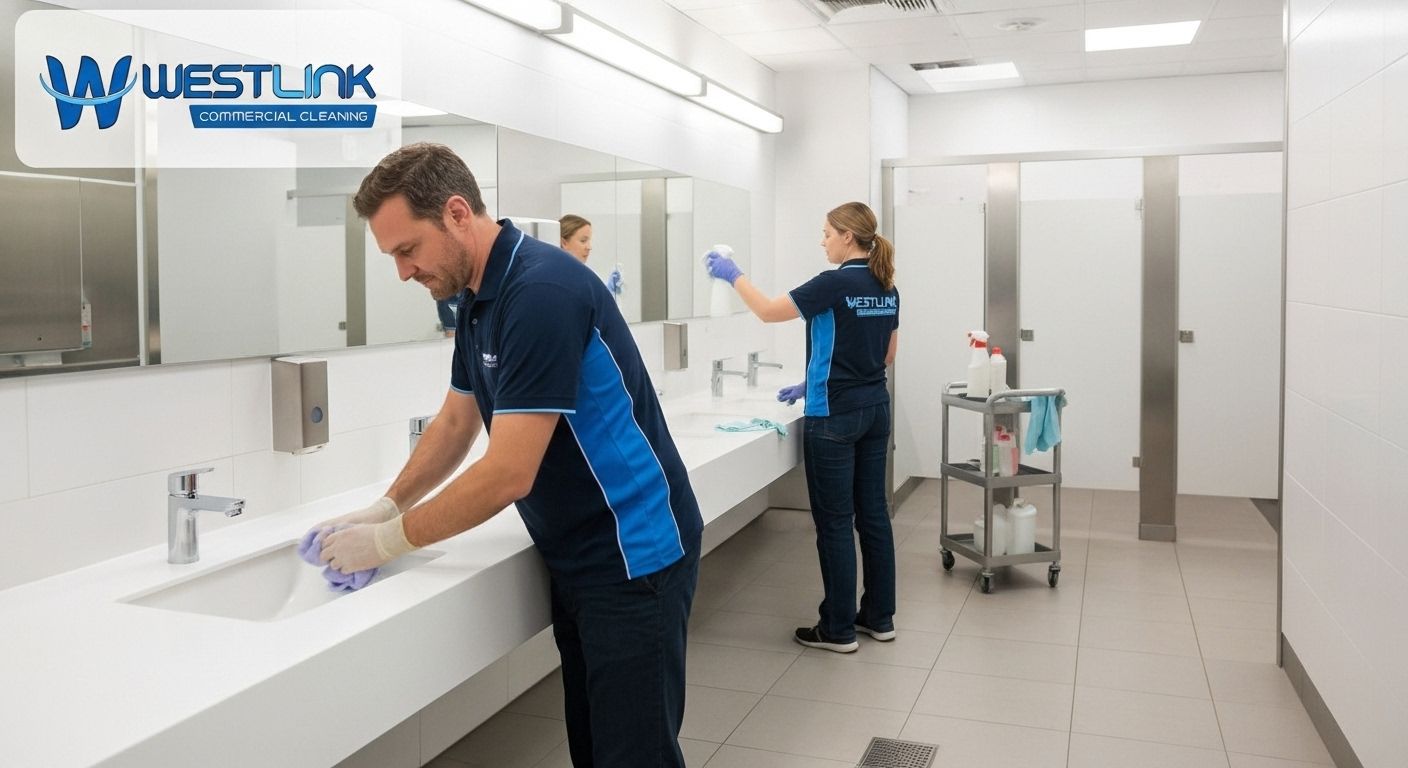 Janitorial staff deep cleaning airport restrooms with branded uniforms and company logo visible in image corner.