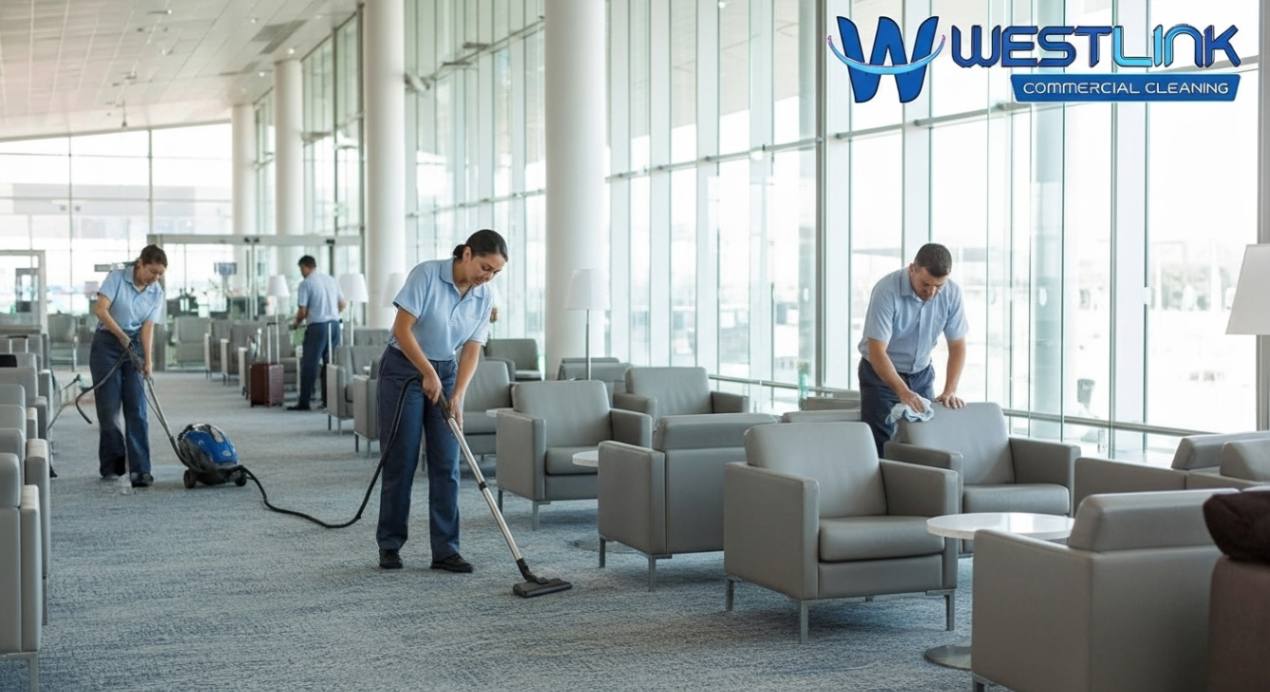 Cleaners sanitizing an airport lounge and waiting area with logo-branded uniforms and visible company logo.