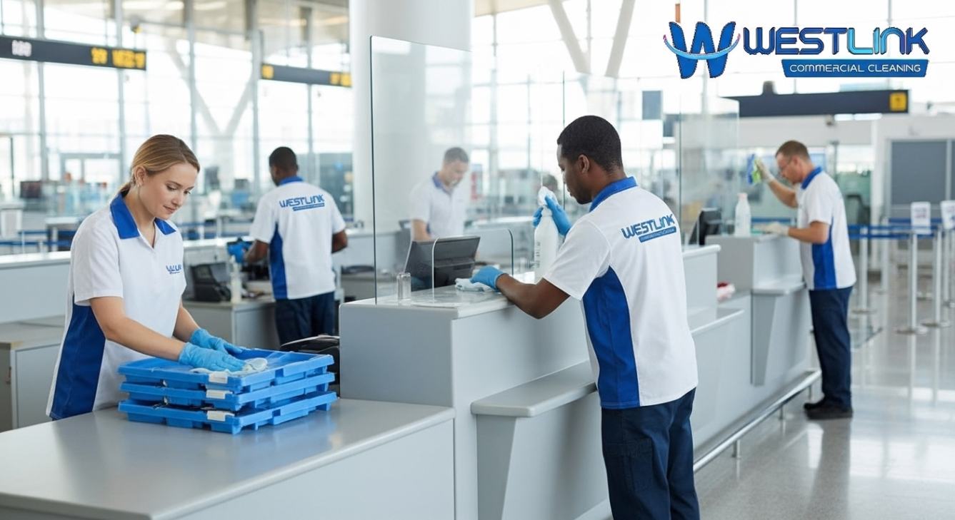 Cleaners disinfecting airport security trays and check-in counters wearing logo-branded uniforms.