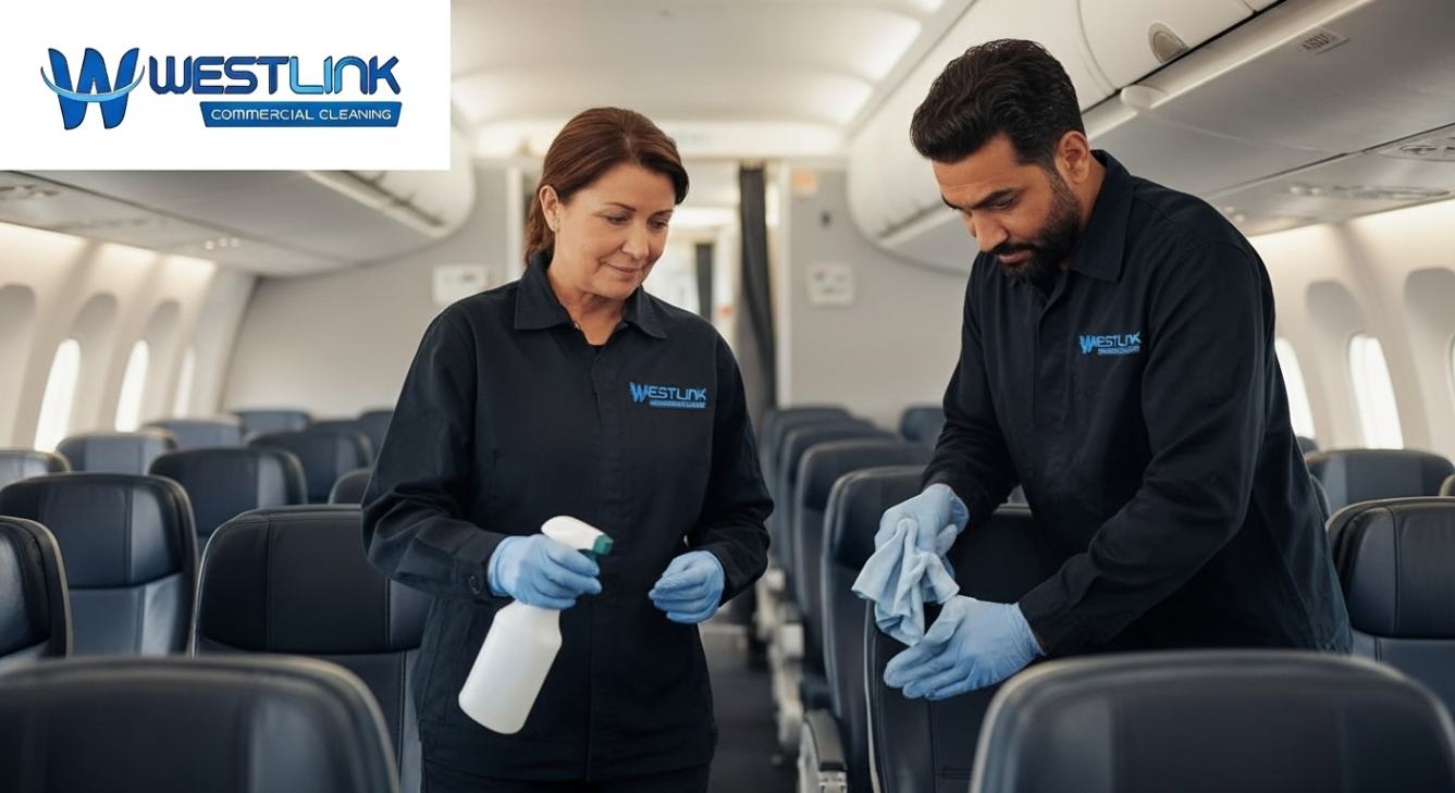 Cleaners sanitizing airplane seats and boarding gate area, wearing branded uniforms with visible company logo.