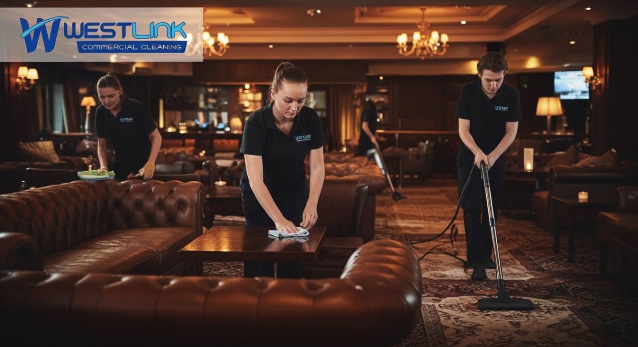 Cleaning staff disinfecting a premium club lounge and bar area with luxury furniture and warm lighting.