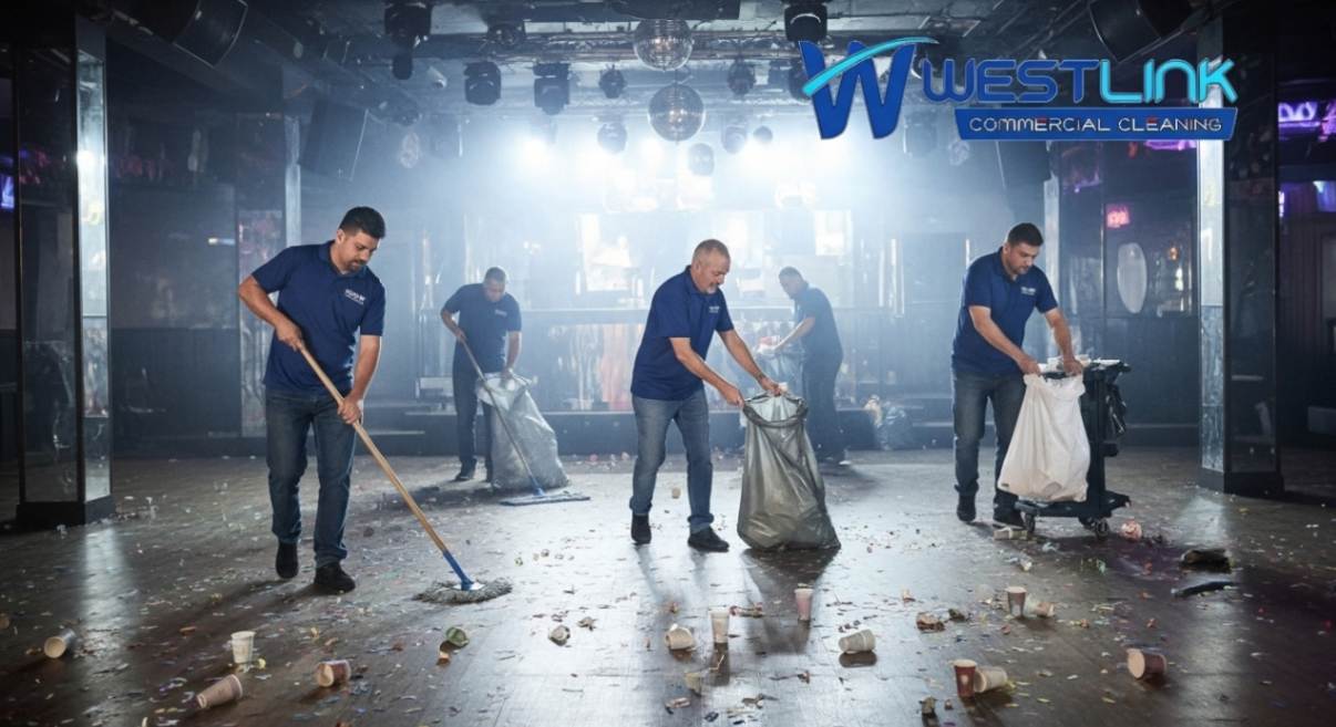 Club cleaners mopping and tidying a dance floor after a party night, removing confetti and waste.