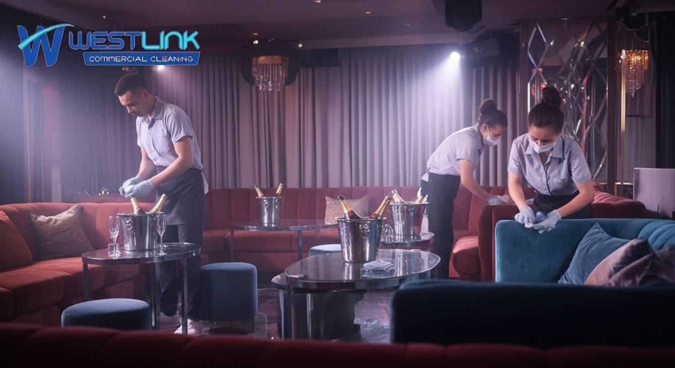 Professional cleaners polishing glass tables and sanitizing a VIP club lounge area with modern interiors.
