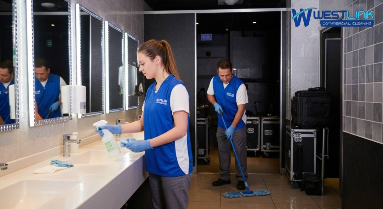 Professional cleaner disinfecting nightclub restrooms and backstage areas using eco-friendly products.