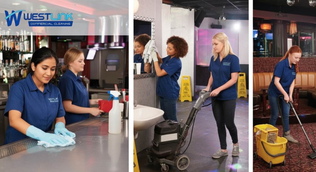 Multiple cleaners performing full club maintenance across bar, dance floor, and lounge areas.
