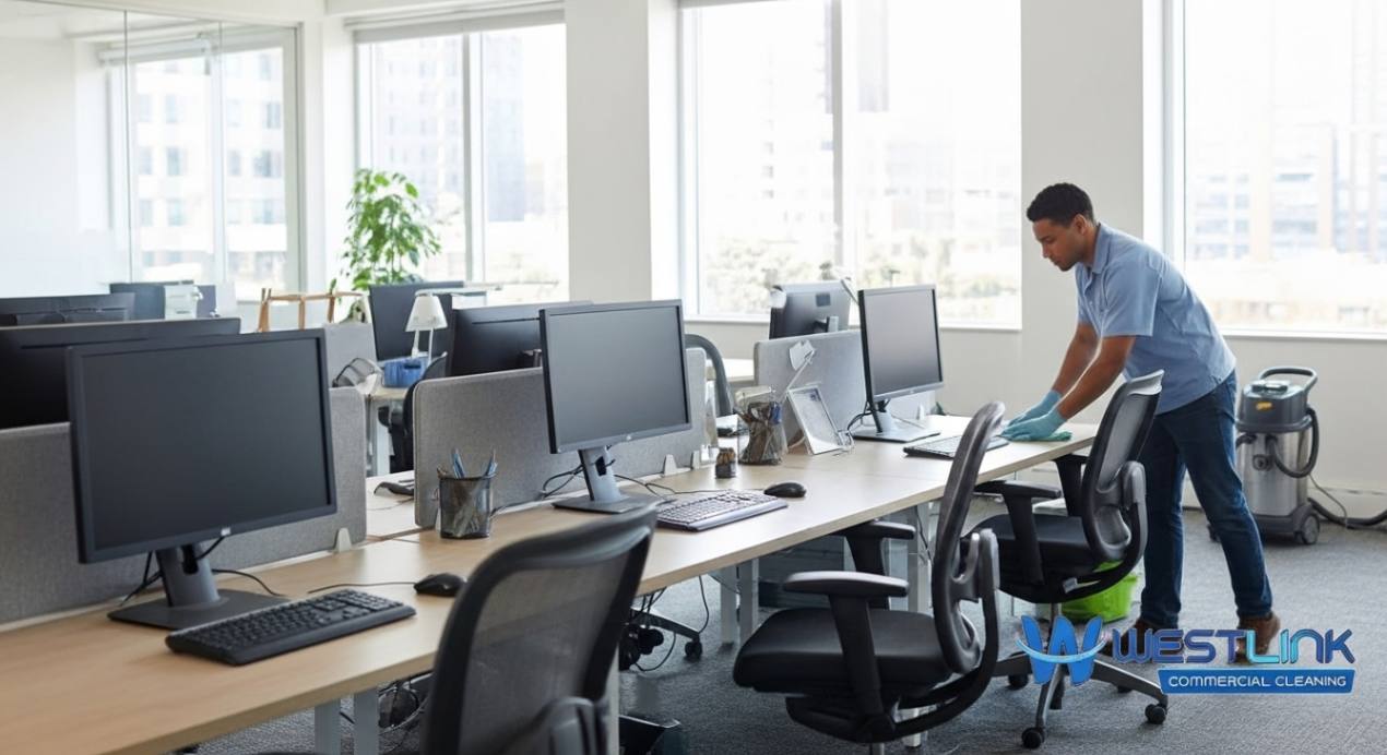 Professional office cleaning team sanitizing desks, floors, and glass surfaces to maintain workplace hygiene and employee well-being.