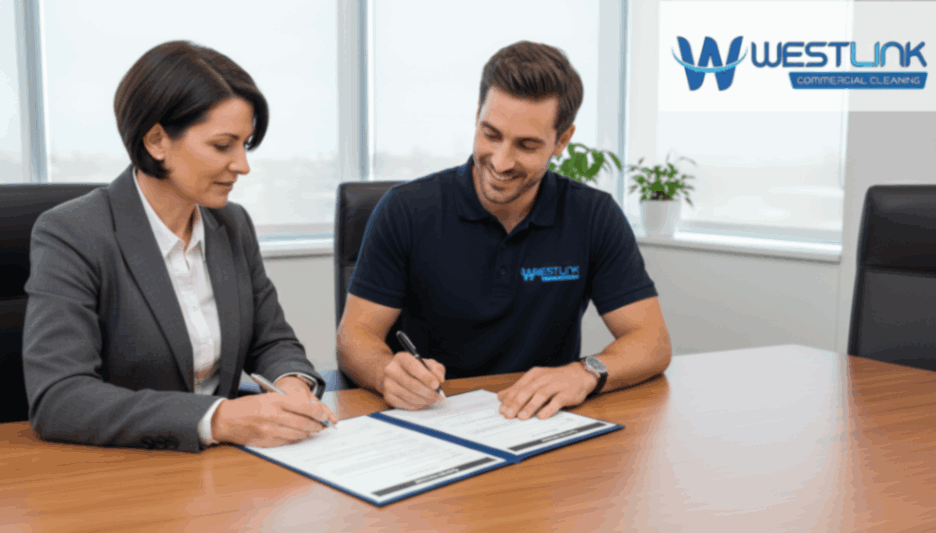 Business manager signing a commercial office cleaning contract with cleaning checklist on desk