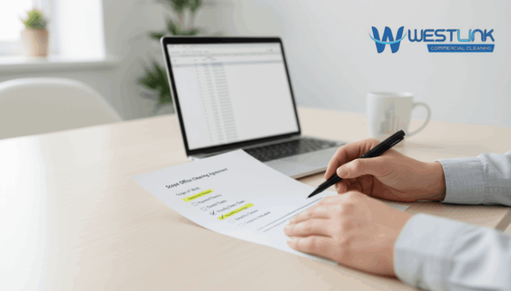 Reviewing commercial cleaning agreement and checklist for office cleaning services