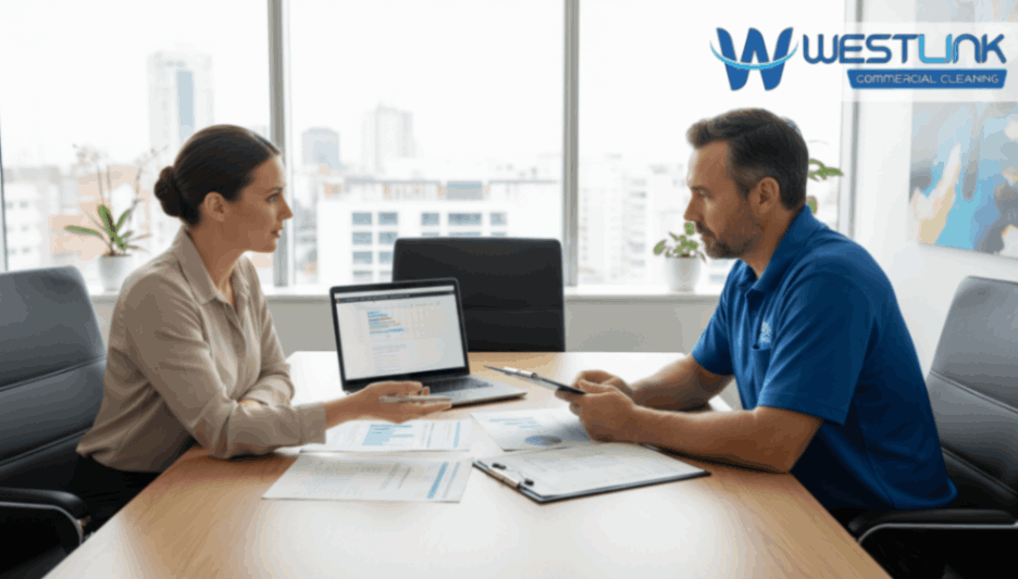 Office manager and cleaning supervisor discussing commercial cleaning schedules