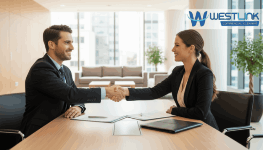 Business professionals shaking hands after signing a commercial cleaning contract