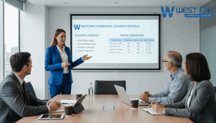 Cleaning company presenting commercial office cleaning proposal in meeting room