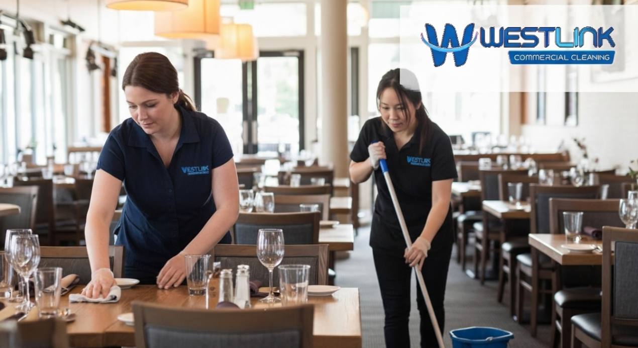Professional cleaners wiping tables and mopping floors in a spotless restaurant dining area with company logo on uniforms.