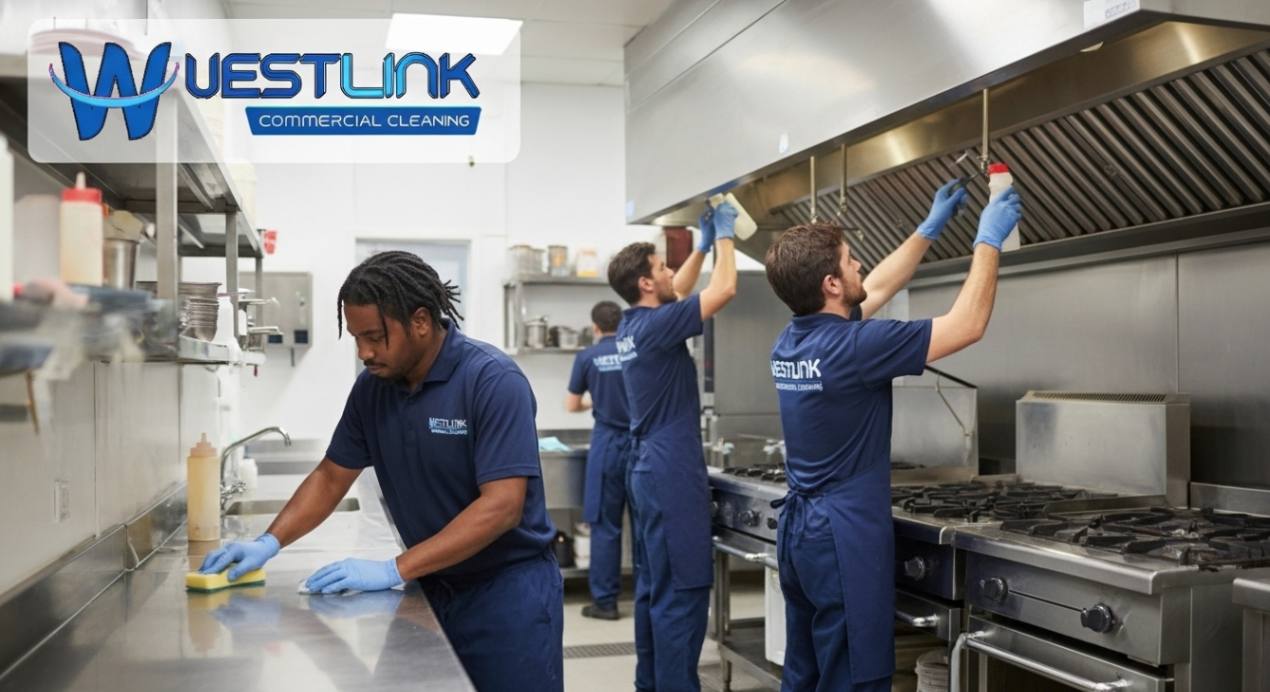 Workers deep cleaning a stainless-steel commercial kitchen with branded uniforms and visible logo in the top corner.