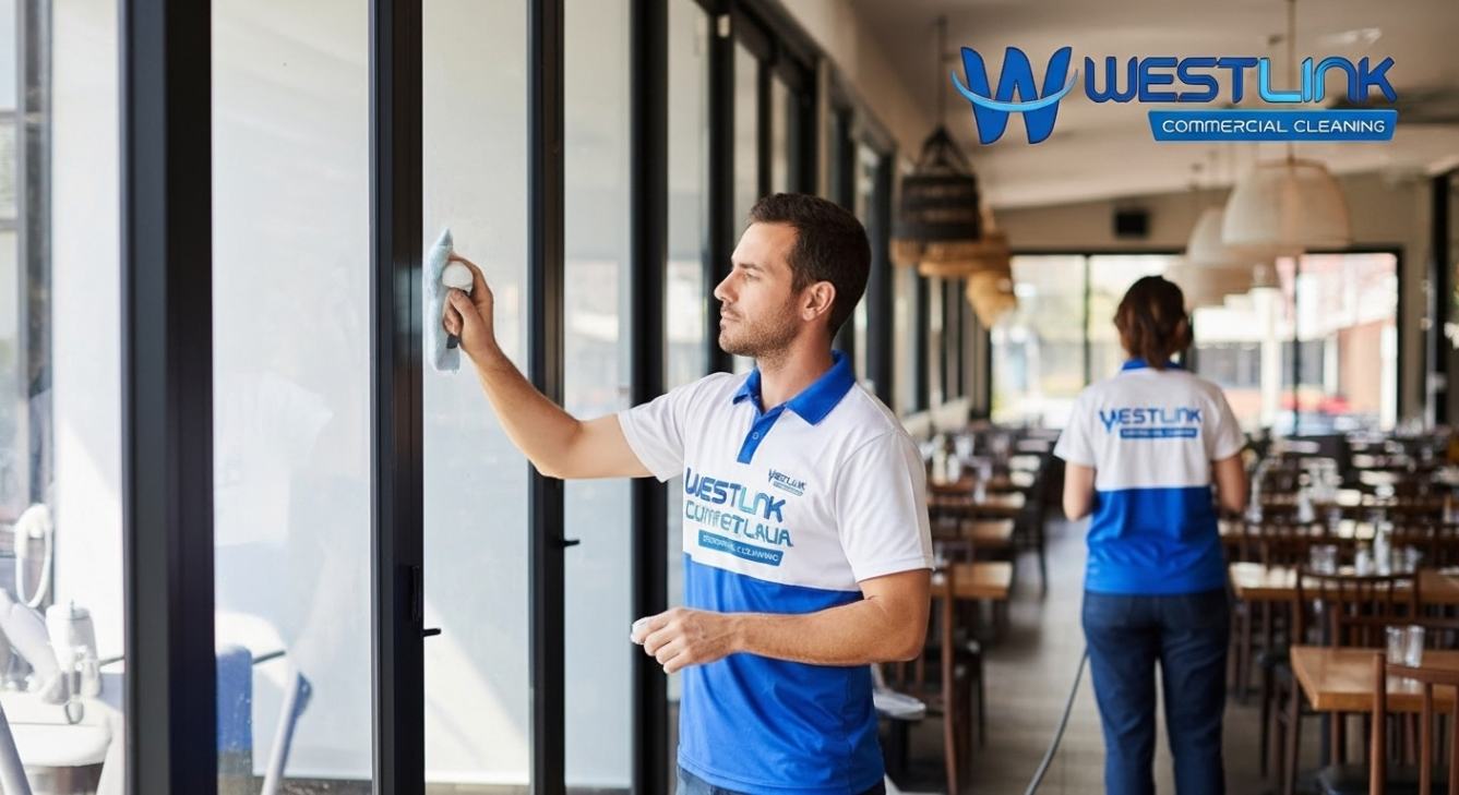 Professional cleaners washing restaurant glass doors and windows, with logo visible on uniforms and corner of image.