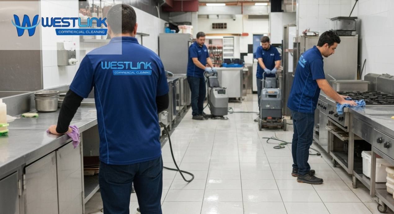 Cleaners polishing restaurant floors and wiping kitchen equipment with logo-branded uniforms and logo overlay.
