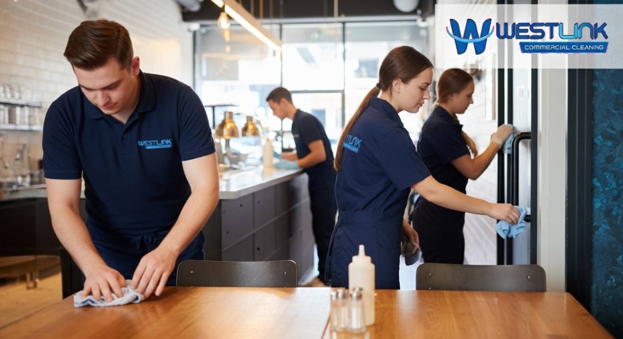 Restaurant cleaners sanitizing tables, door handles, and surfaces while wearing logo-branded uniforms.