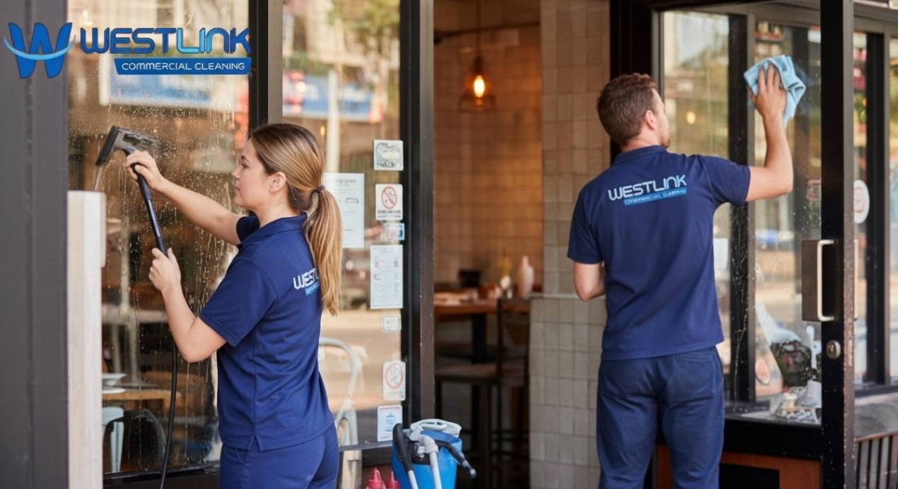 Professional cleaners washing restaurant exterior glass and entrance area with logo on uniforms and image corner.