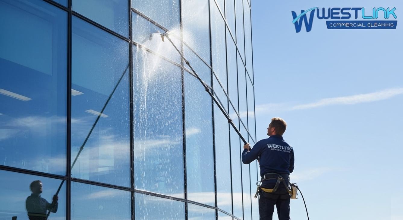 Professional Commercial window cleaner using pure water-fed pole on glass office building.