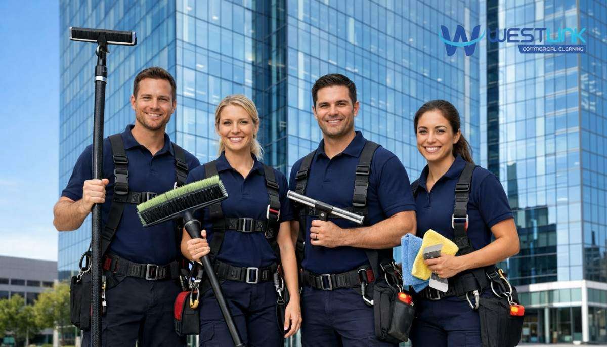 Professional commercial window cleaning team of four cleaners standing confidently in front of a modern high-rise office building, holding extension poles, squeegees, and water-fed pole systems.