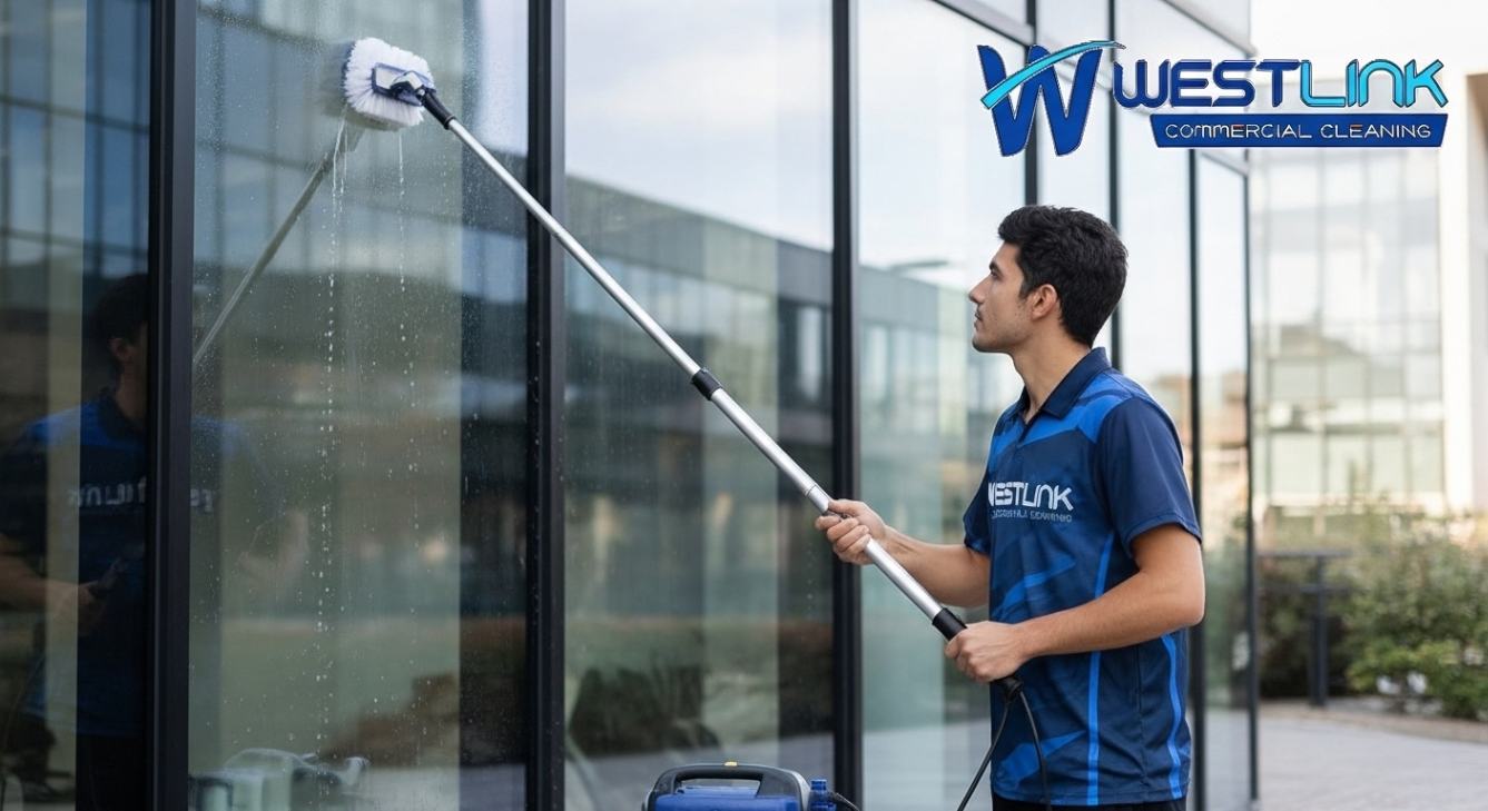 Commercial cleaner using a telescopic pole and purified water system for glass cleaning.