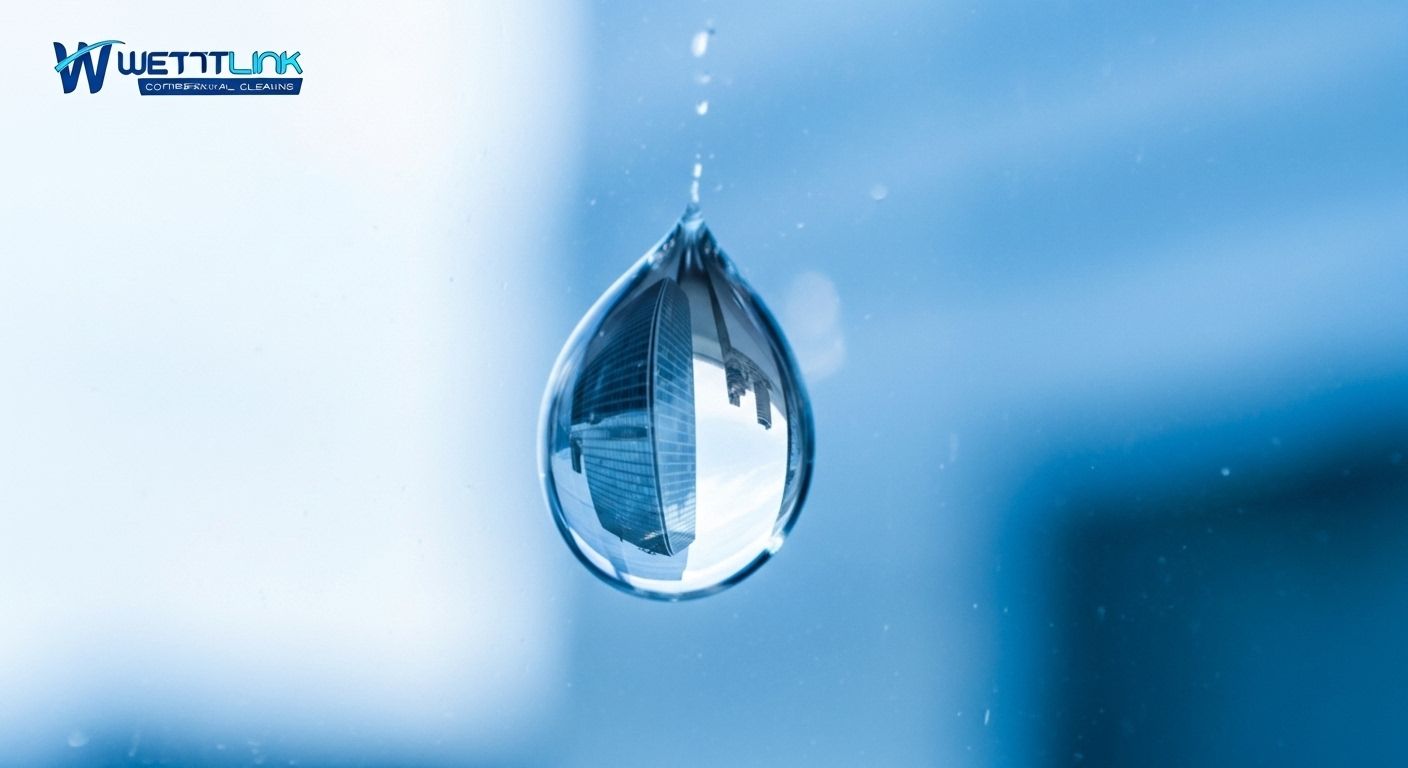 Pure water droplet reflecting clean skyscraper Commercial Windows.