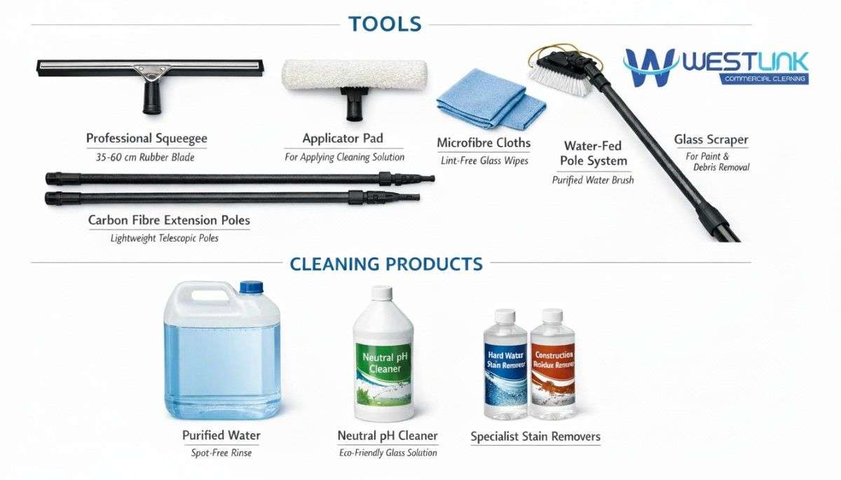 Display of essential professional tools and eco-friendly products for commercial window cleaning including squeegee, applicator pad, microfiber cloths, extension poles, water-fed pole system, purified water, and neutral pH solution with ammonia warning.