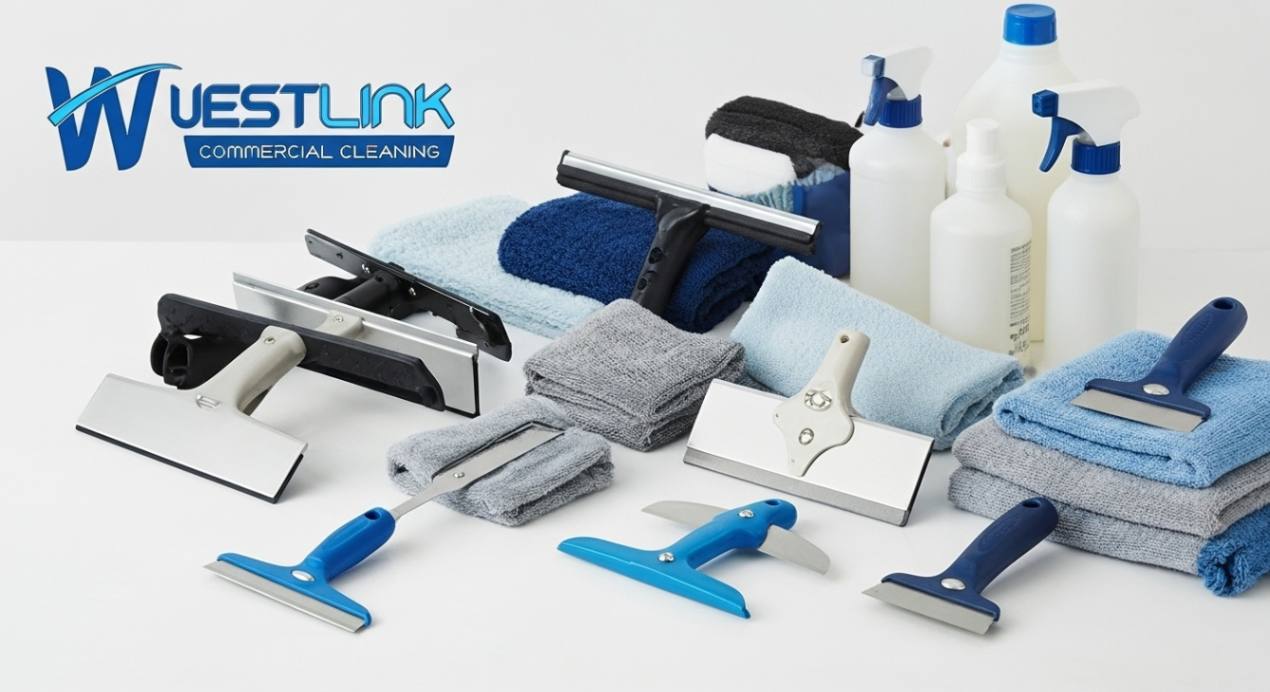 Professional squeegees and cleaning supplies arranged for Commercial window cleaning.