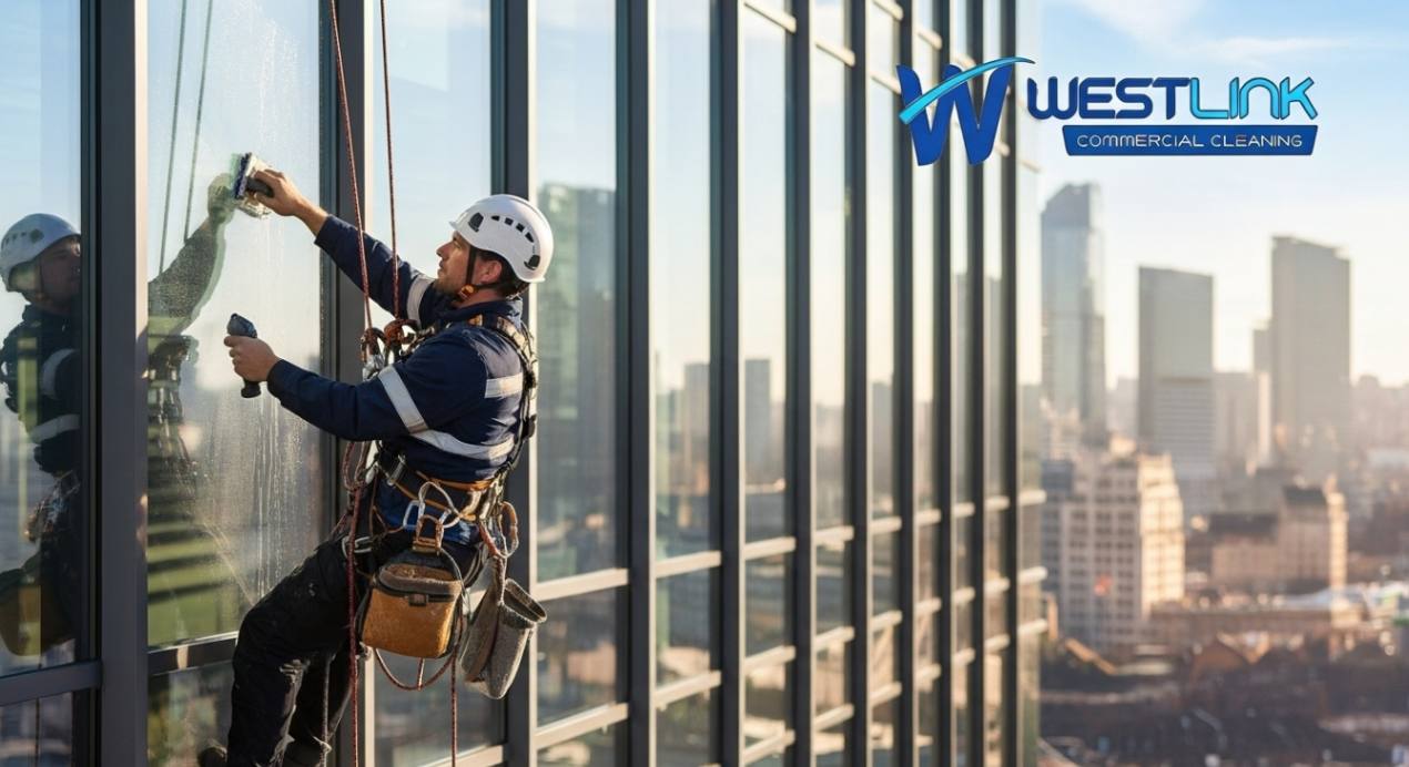 High-rise window cleaner using purified water with city skyline background