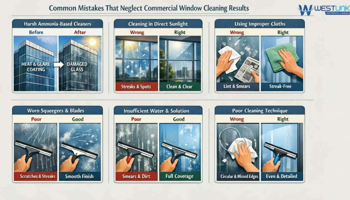 Infographic highlighting common mistakes that ruin commercial window cleaning results such as using ammonia cleaners, cleaning in direct sun, wrong tools, worn squeegee blades, and poor technique on modern office glass.