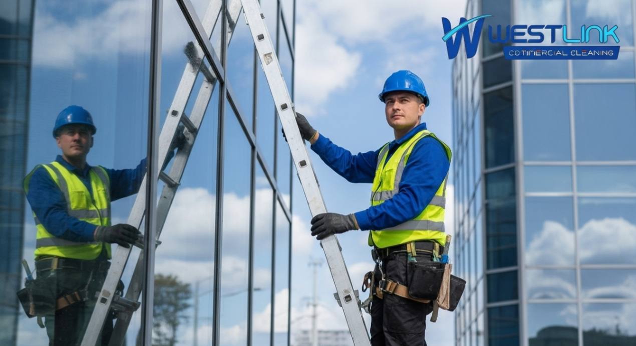 Worker with safety gear climbing ladder for commercial window cleaning.