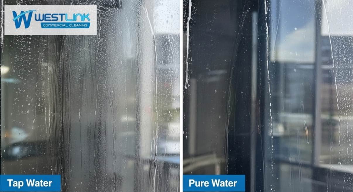 Comparison of tap water vs pure water in commercial window cleaning results.