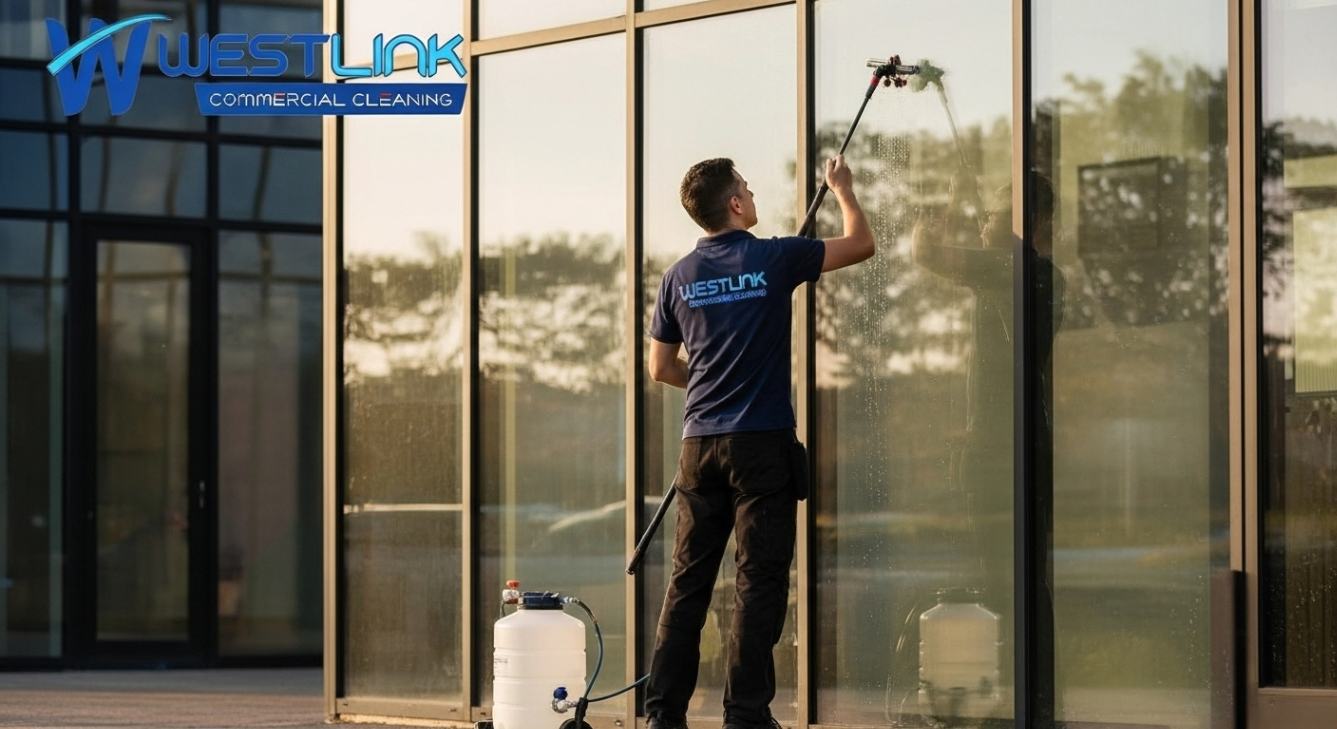 Commercial Window cleaner using a water-fed pole for high glass surfaces.