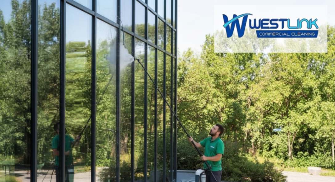Eco-friendly commercial window cleaning using purified water system.