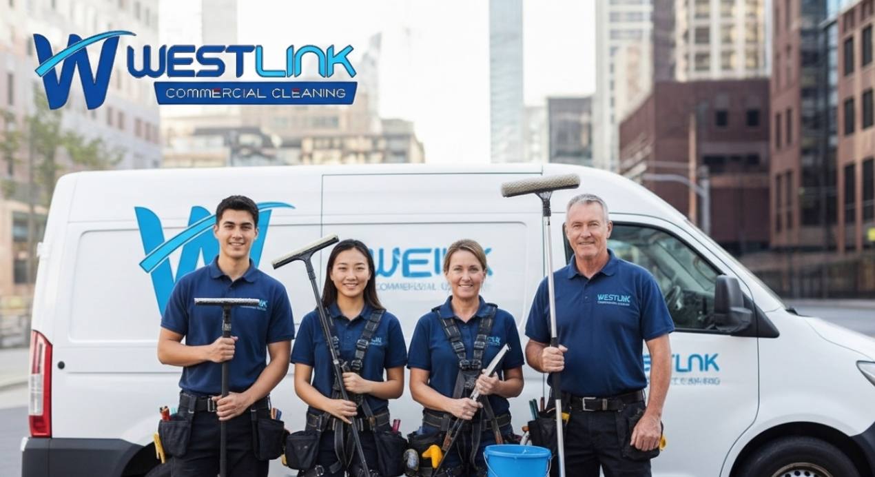 Team of commercial window cleaners with equipment and service van.