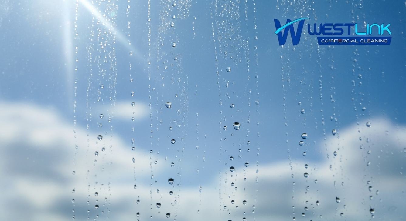 Sparkling clean commercial window glass surface after pure water cleaning.