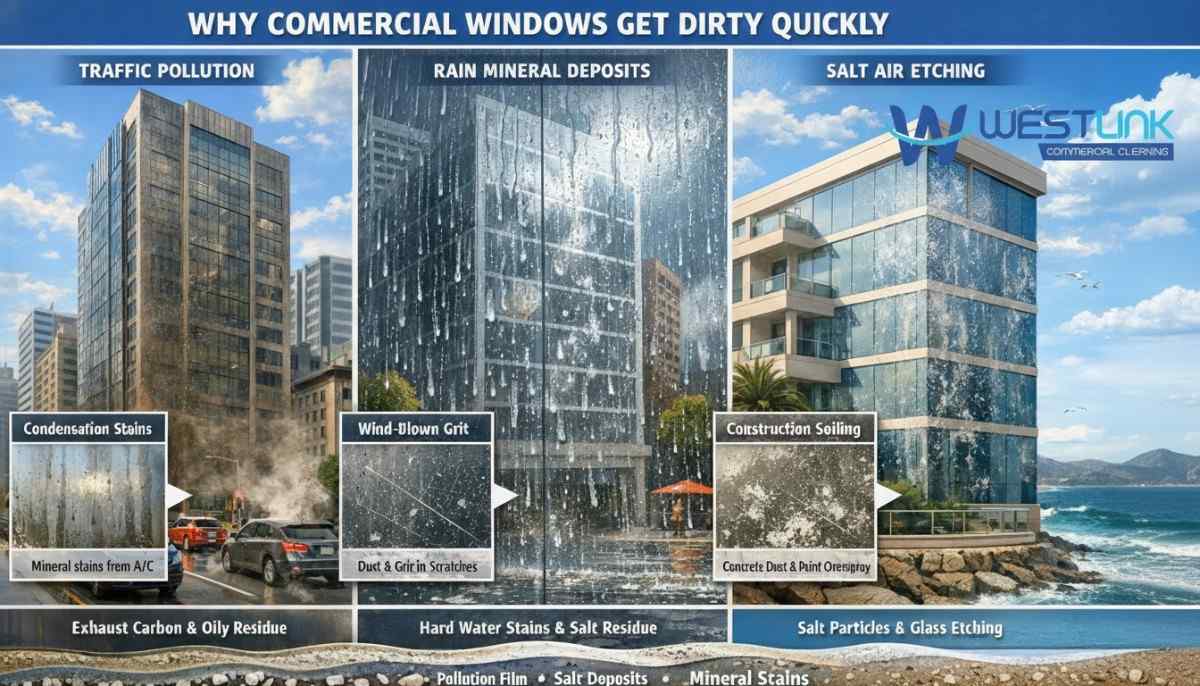 Infographic showing why commercial windows get dirty quickly due to traffic pollution, rain mineral deposits, salt air etching, condensation, wind-blown dust, and nearby construction soiling on a modern office building.