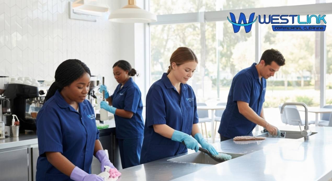 Professional café cleaning team sanitizing counters and tables with branded uniforms in a modern café interior.