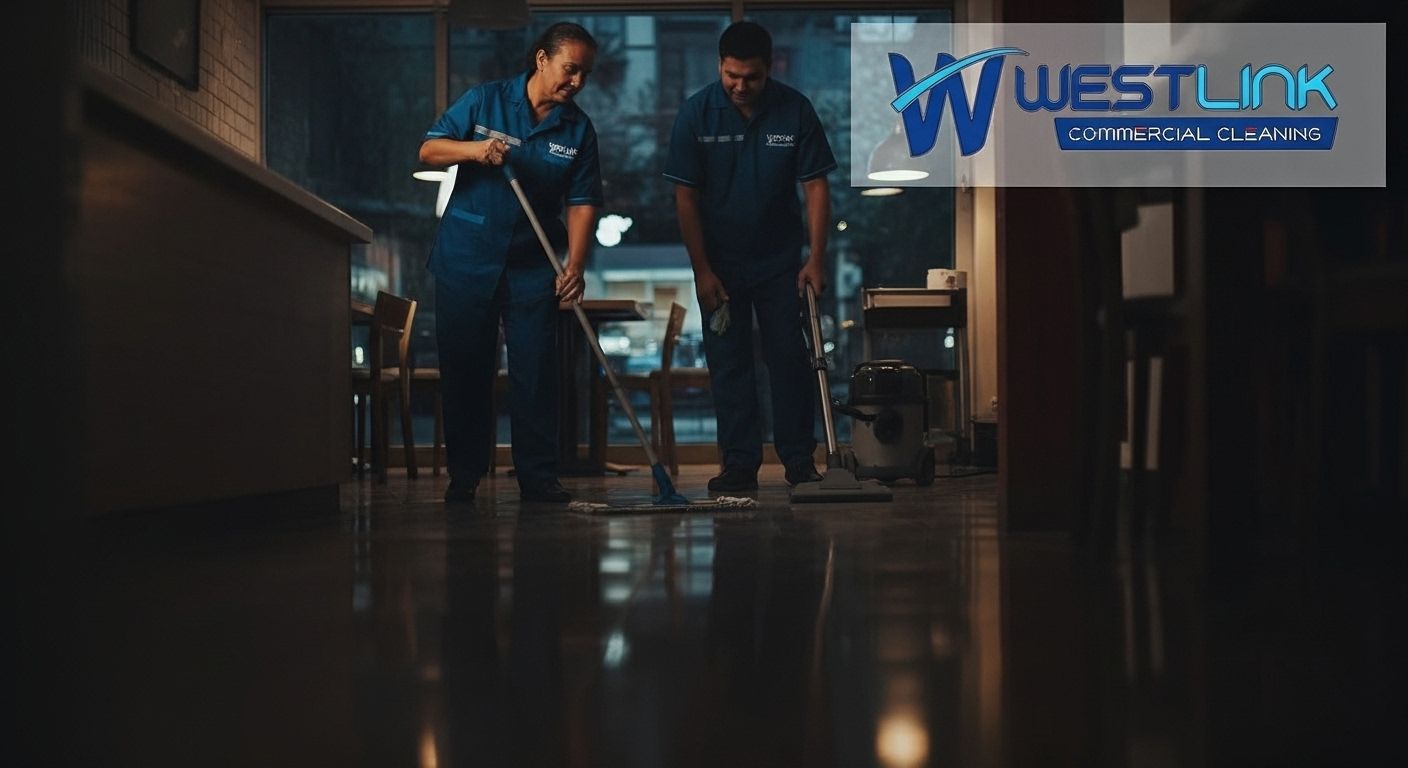 Cleaning crew mopping and vacuuming café floors after closing hours with Westlink logo visible on uniforms.