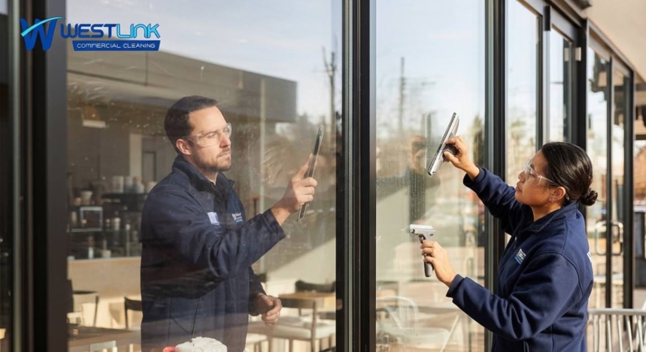 Window cleaning professionals polishing café glass panels, wearing Westlink uniforms, with sunlight reflecting through clean surfaces.