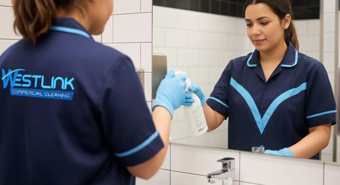Professional cleaner disinfecting café restroom sinks and mirrors with visible Westlink logo on uniform.